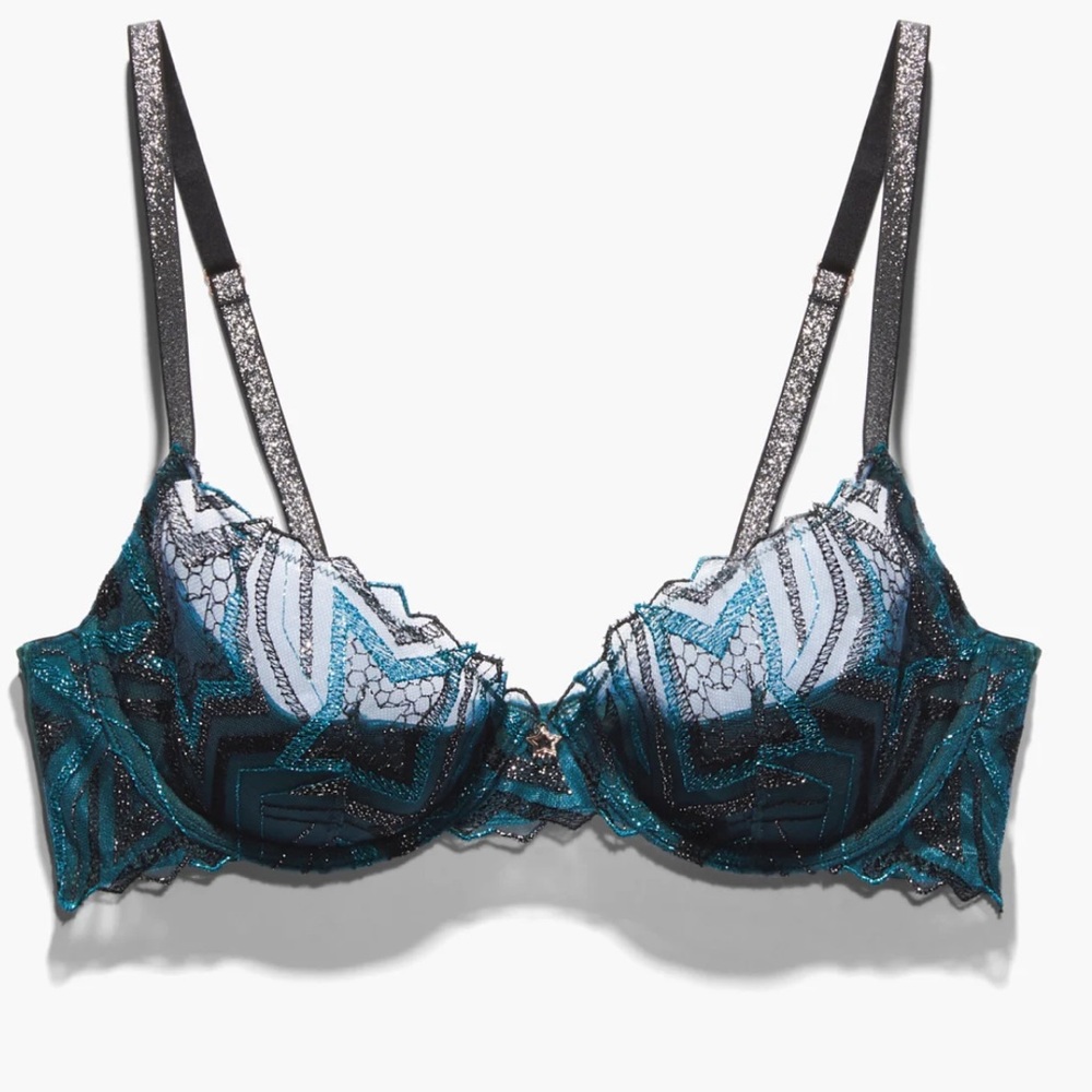 Savage X Fenty Wildflower Blue 34D Shining Star Embroidered Half Cup Plunge Bra
